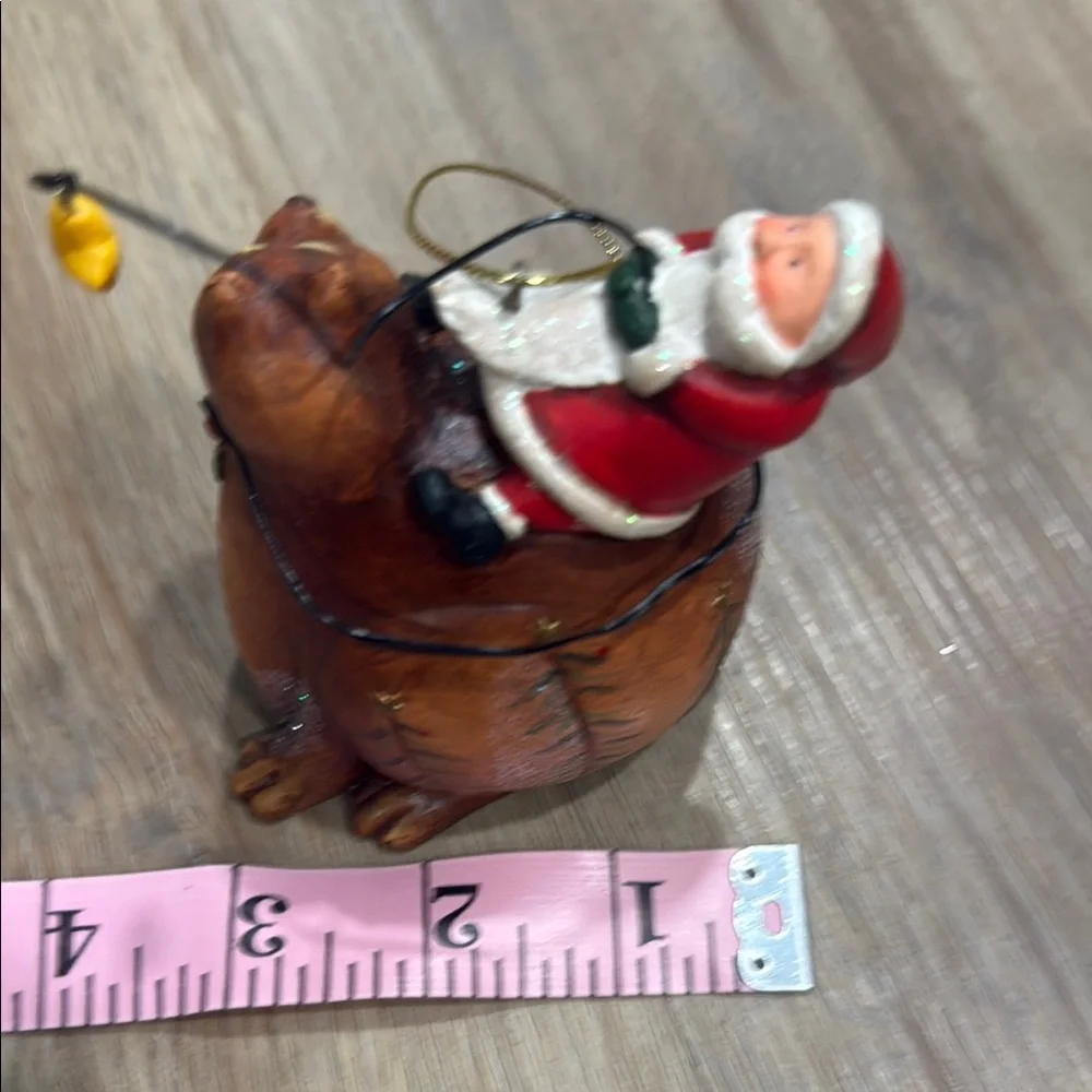 Whimsical Santa Claus on Brown Bear Christmas Tree Ornament VINTAGE